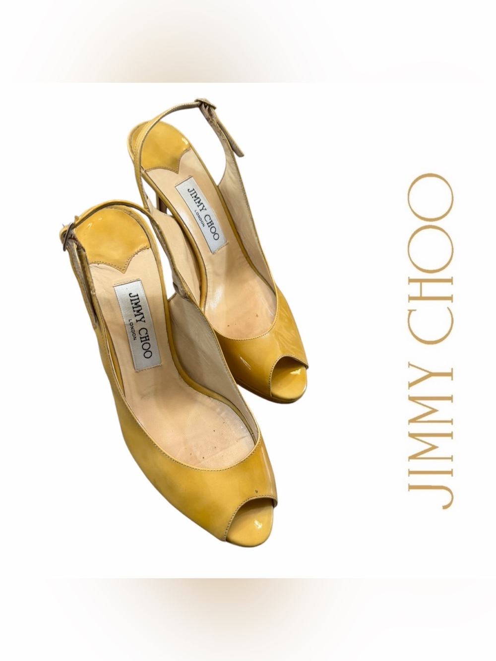 Jimmy Choo Yellow Patent Leather Peep-Toe Slingback Heels